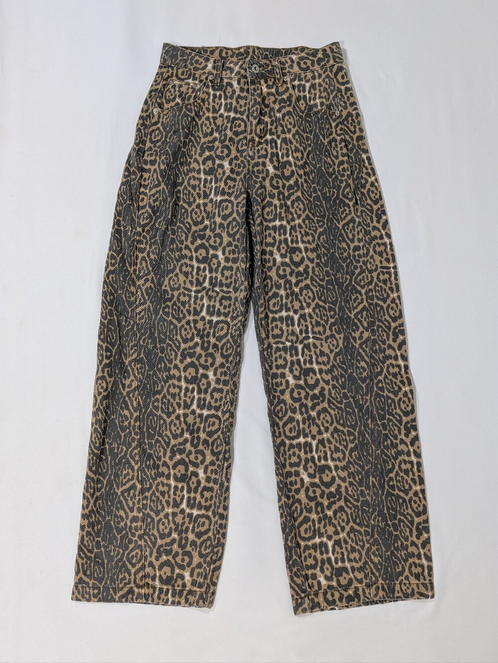 Women's Leopard Print Wide Leg Jeans Size M High Rise Denim Pants Y2K Retro - Picture 1 of 11